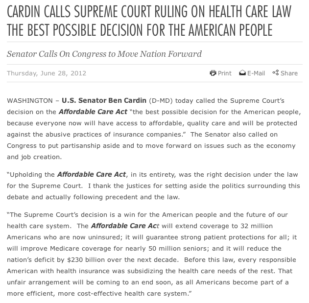 Ben Cardin Statement on Supreme Court Decision Screen Shot 2012-06-29 Ben Cardin on Affordable Care Act