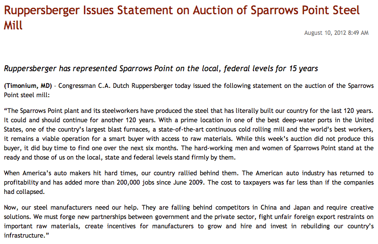 Congressman Ruppersberger Statement on Sparrows Point Screen Shot 2012-08-27 Ruppersberger Statement About Sparrows Point
