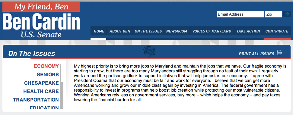 Ben Cardins Website Screen Shot 2012-09-12 Excerpt from Ben Cardin Flier