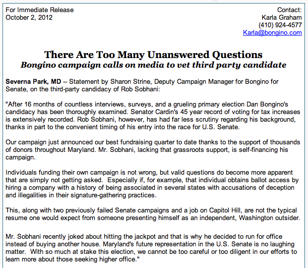 Bongino Campaign Statement Screen Shot 2012-10-02 "Too Many Unanswered Questions"
