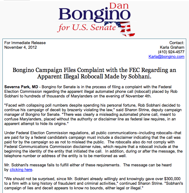 Illegal Robocall Bulletin Screen Shot 2012-11-05 Dan Bongino Campaign Release