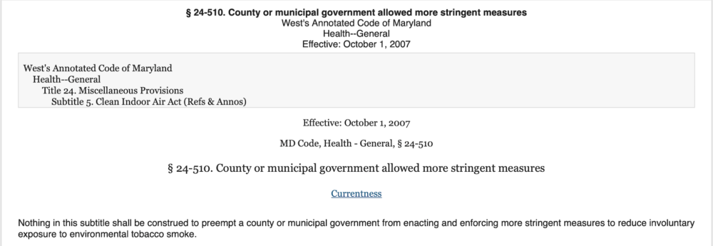 Excerpt from Maryland Code about Smoking